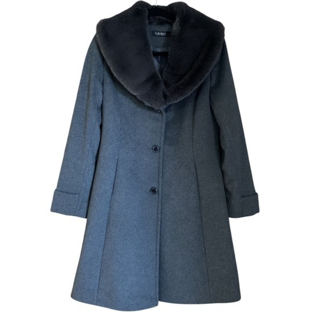Lauren Ralph Lauren Grey Wool Blend Faux Fur Collar Fit & Flare Coat LR2533 Sz 4
